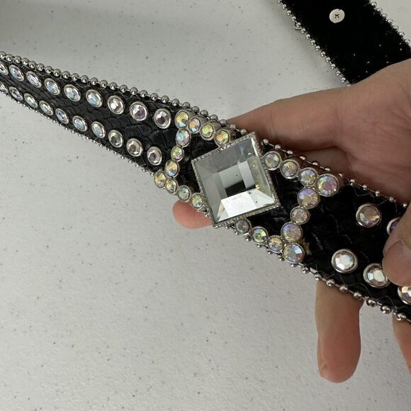 Nocona Black Leather Belt Crystal Rhinestone Aurora Borealis M/L - Picture 10 of 15